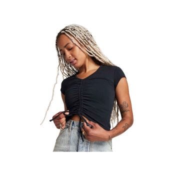 Drawstring Ruched Short Sleeve Women's Top -  Black