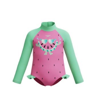 Girls Digital Long Sleeves Frill Swimsuit - Pink Green