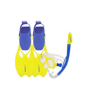 Children Unisex Leisure Dual Lens Mask with Snorkel and Fin Set Royal Blue Yellow