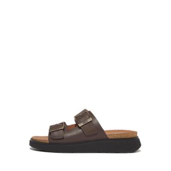 Gen-Ff Buckle Two-Bar Leather Slides- Chocolate Brown