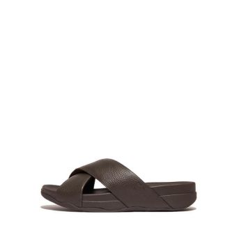 Fitflop Surfer Mens Tumbled-Leather Cross Slides- Chocolate Brown