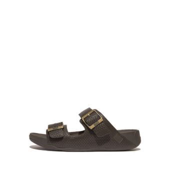 Gogh Moc Mens Buckle Weave-Embossed Leather Slides- Chocolate Brown