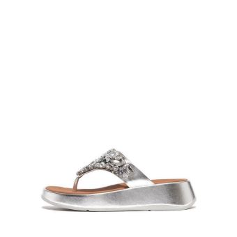 F-Mode Jewel-Deluxe M/Leather Flatform Toe-Thongs- Silver