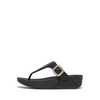 LULU Crystal-Buckle Leather Toe-Post Sandals- Black