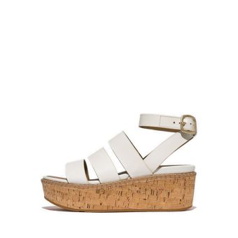 Eloise Leather/Cork Strappy Wedge Sandals- Urban White