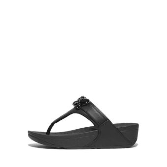 Lulu Jewel-Deluxe Leather Toe-Post Sandals- Black