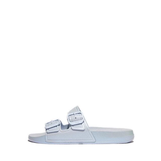 Fitflop Iqushion Pearlized Two-Bar Buckle Slides- Pearlized Skywash Blue