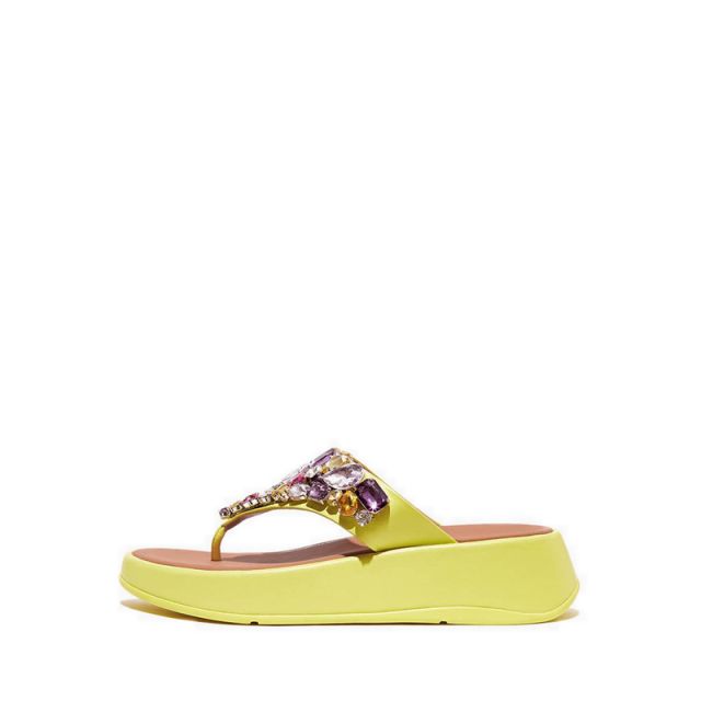 F-Mode Jewel-Deluxe Leather Flatform Toe-Thongs- Sunny Lime
